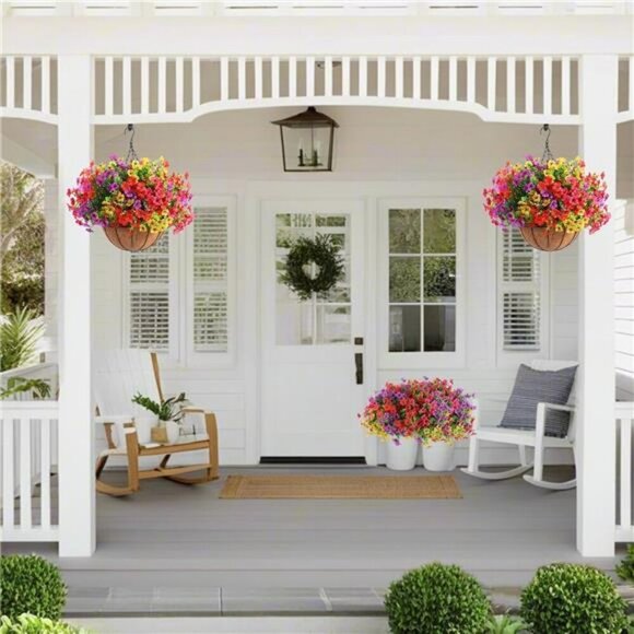 Artificial Hanging Flower Basket Set Outdoor Patio Porch Garden Decor Plants - Picture 2 of 8